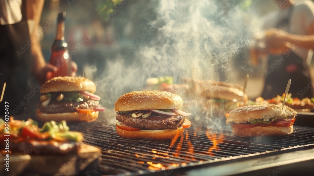 Obraz premium An outdoor barbecue scene featuring sandwiches being grilled to perfection, with smoke rising and guests eagerly waiting for delicious bites