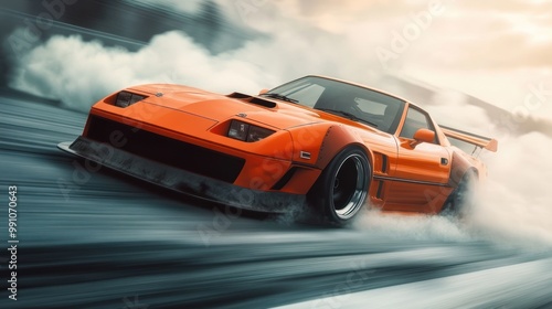 Orange sports car driving fast on a race track with tire smoke.