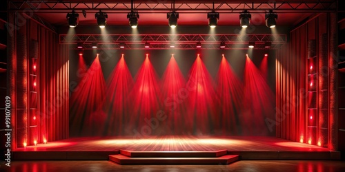 Empty stage with dramatic red lighting, perfect for theatrical performances, concerts, dance shows, and events photo