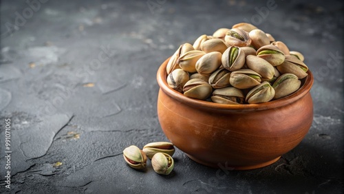 Raw Pistachio nuts in a clay pot on a dark grey background, Pistachios, nuts, clay pot, grey background