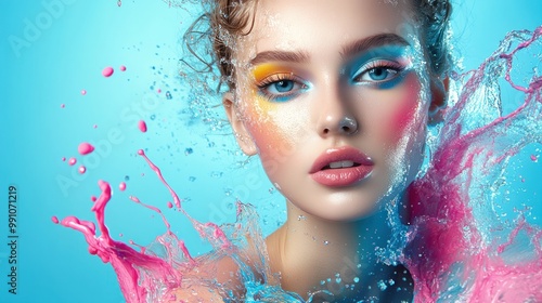 Closeup of a woman's face with colorful makeup and water splashes.