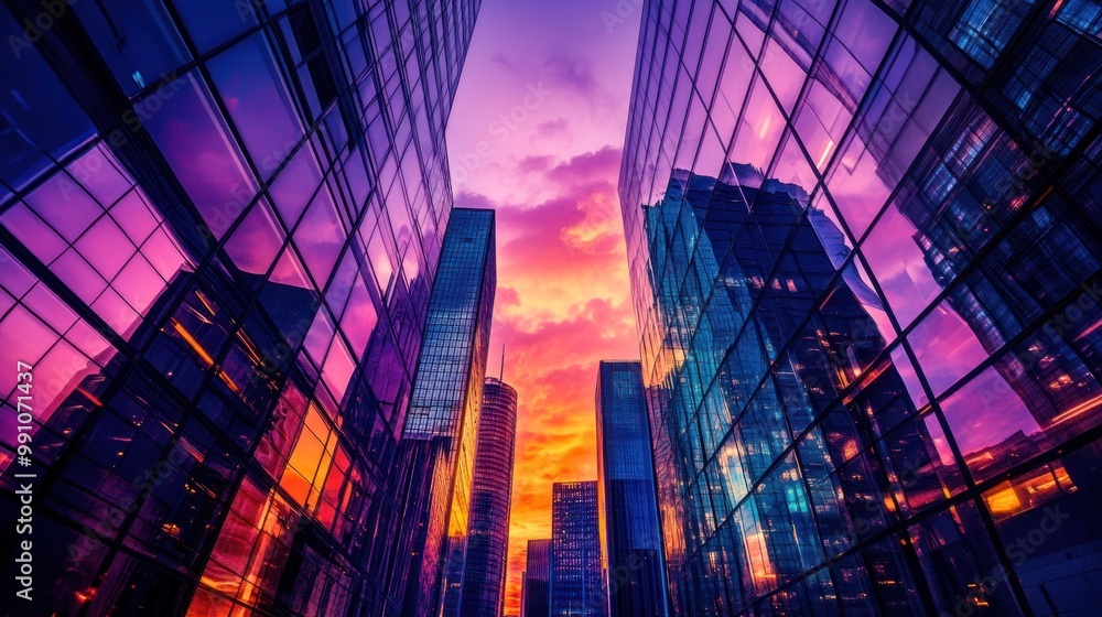 A low angle view of a skyscraper at dusk with a colorful sky reflected in its glass windows. A low angle view of a skyscraper at dusk with a colorful sky reflected in its glass windows.