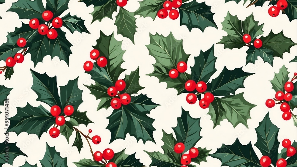 general holiday holly seamless pattern on pastel color background