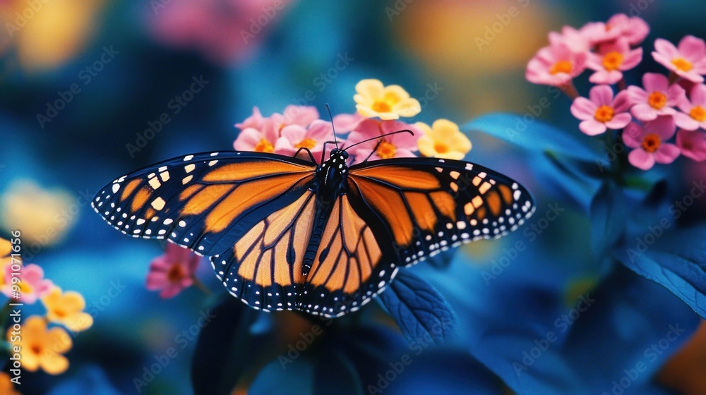 Obraz premium A vibrant butterfly perched on colorful flowers in a serene garden setting.