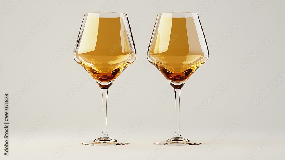 Two empty wine glasses on a white background, one glass has a few broken pieces of glass around it. Two empty wine glasses on a white background, one glass has a few broken pieces of glass around it.