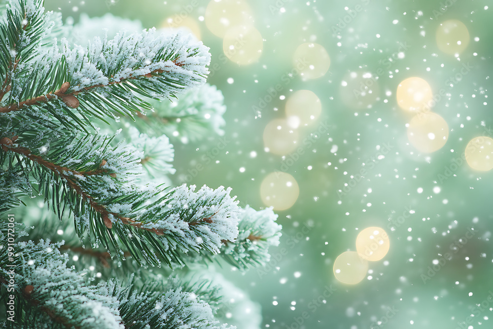 Green Christmas Background with Snow-Covered Trees Green Christmas Background with Snow-Covered Trees