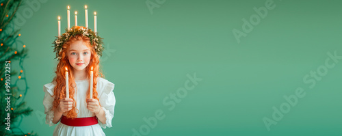 A red-haired girl dressed as Saint Lucia, with a green wreath on her head, in a white dress with a red belt and holding candles in her hands. Green pastel background. Hyper-realistic photo. photo