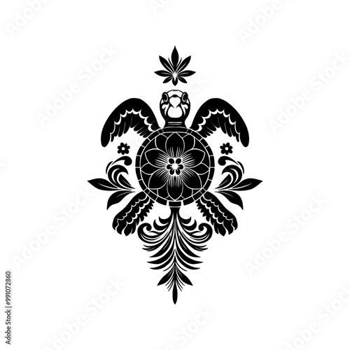 Abstract linocut flowers with magic, girls and mystical in ornate rural folk scandinavian style. Hand drawn Illustration, Linocut Blockprint.