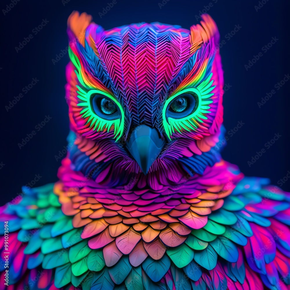 A vibrant, colorful owl with striking, neon feathers and bright eyes against a dark background, showcasing artistic and whimsical design. A vibrant, colorful owl with striking, neon feathers and bright eyes against a dark background, showcasing artistic and whimsical design.