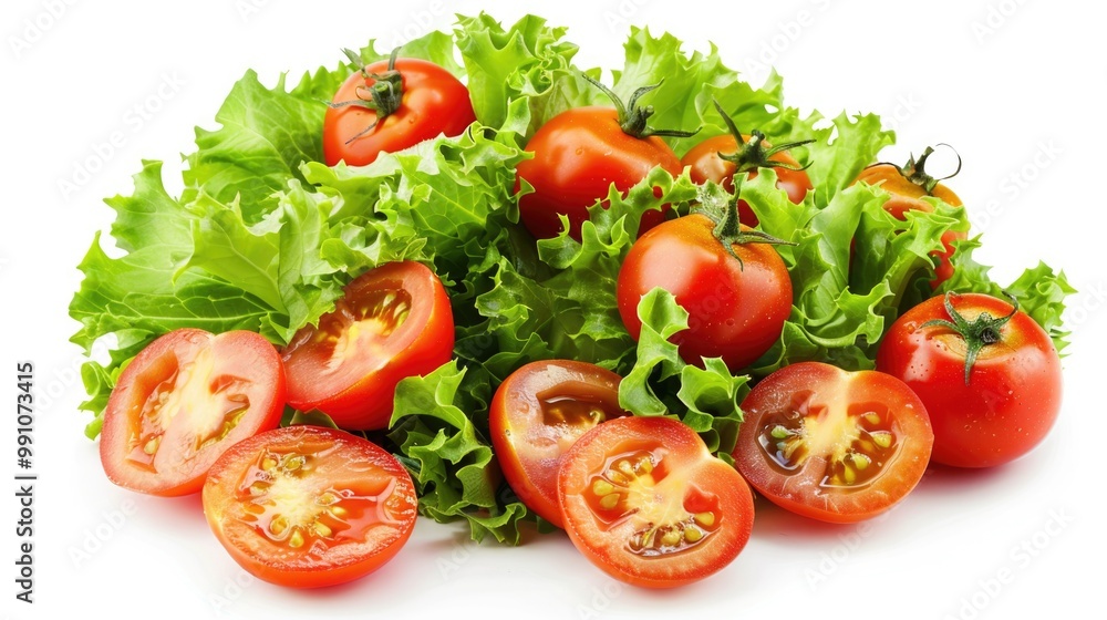 Lettuce And Tomato Salad Heap Isolated on White Background, Vegetarian Meal Concept Lettuce And Tomato Salad Heap Isolated on White Background, Vegetarian Meal Concept