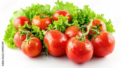 Lettuce And Tomato Salad. Heap of Vegetarian Meal with Fresh Tomatoes and Lettuce on White Background