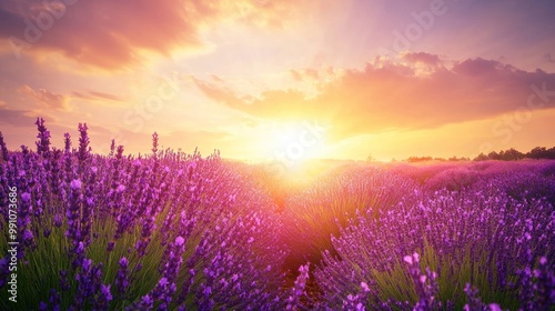 Lavender field at sunset with a bright sky.