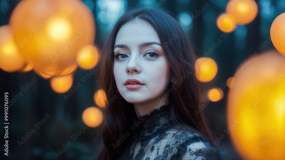 A serene young woman stands amidst glowing lanterns in a tranquil forest setting, embodying ethereal beauty and mystery. A serene young woman stands amidst glowing lanterns in a tranquil forest setting, embodying ethereal beauty and mystery.