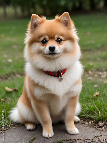 Pomeranian Puppy with Red Collar Sitting Outdoors - Generative AI