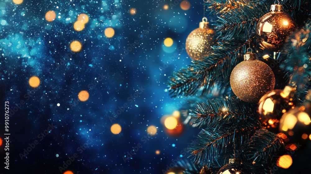 Close-up of a Christmas tree with gold ornaments against a blue background with bokeh. Close-up of a Christmas tree with gold ornaments against a blue background with bokeh.