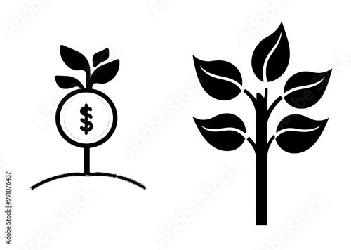 Icon of a plant sprouting from the ground with a banknote instead of a flower in black glyph type