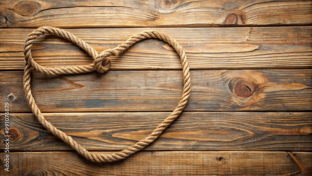 Obraz premium Heart shaped rope on rustic wooden background, love, Valentine's Day, romance, decoration, rustic, vintage, symbol, relationship