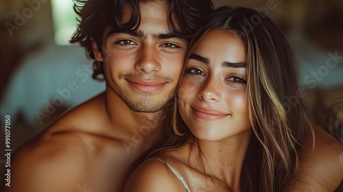 A young Indian man embraces a Latin woman in a living room, showing affection.