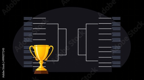 Modern sport game bracket board with gold champion trophy against black background illustration in tech theme style layout concept of sport tournament match championship sports Illustration photo