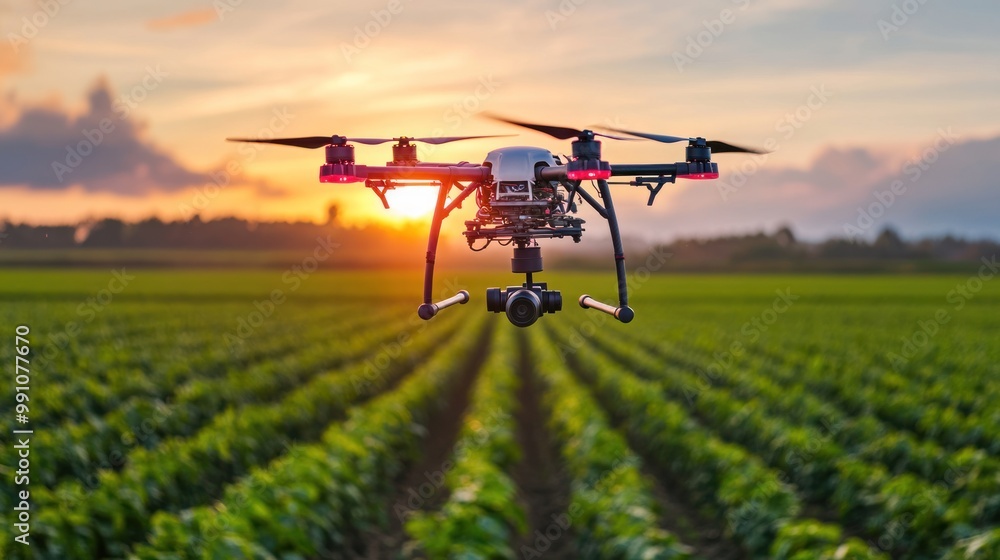 Drone flying over a field of crops at sunset. Drone flying over a field of crops at sunset.