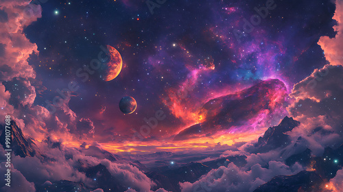 A dreamlike sky with multiple moons and nebulae stretching across the horizon