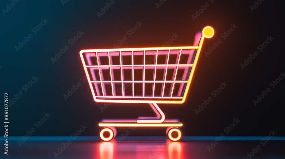 A vibrant neon shopping cart glows against a dark background, symbolizing modern retail and online shopping. A vibrant neon shopping cart glows against a dark background, symbolizing modern retail and online shopping.