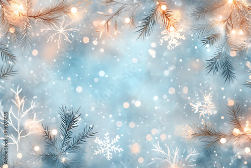 Watercolour Christmas background with delicate snowflakes and glowing fairy lights