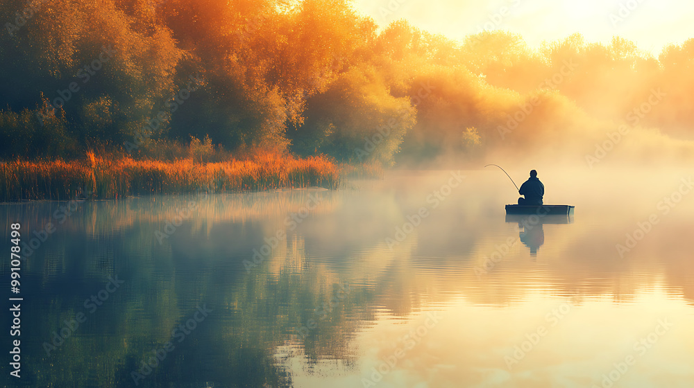 background with a man fishing by a tranquil lake at sunrise, reflecting peace and relaxation background with a man fishing by a tranquil lake at sunrise, reflecting peace and relaxation