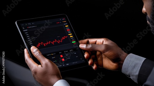 Analyzing the Market: A businessman's hands navigate a tablet screen, displaying a dynamic stock chart, hinting at strategic decision-making and the ever-changing world of finance. 