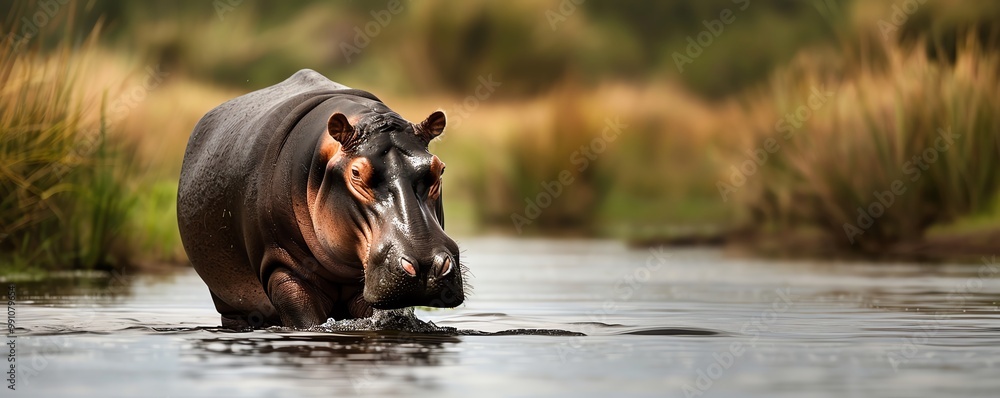 26 Hippopotamus wading in a river full body, realistic nature, copy space 26 Hippopotamus wading in a river full body, realistic nature, copy space