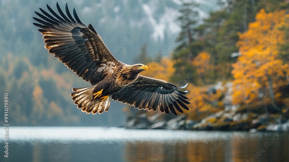 Fototapeta premium An eagle soars over a deep lake in this expansive view.