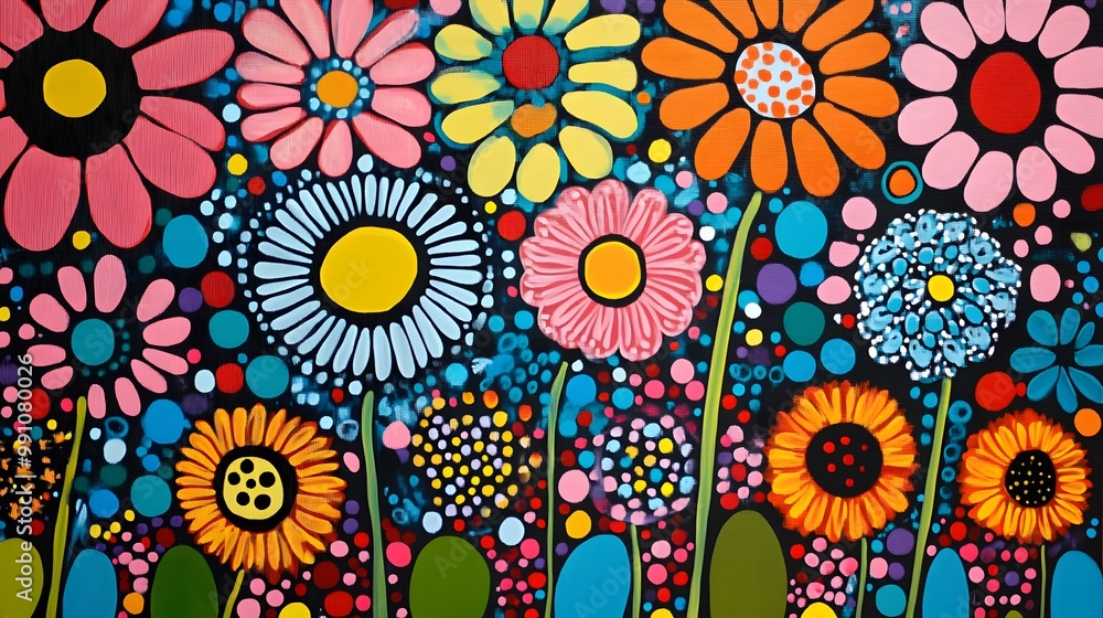 Fototapeta premium Floral Painting Art, Kusama Style, Colorful Flowers, Minimalist, Abstract Image, Texture, Pattern Background, Wallpaper, Smartphone Cover and Screen, PC, Laptop, 9:16 and 16:9 Format