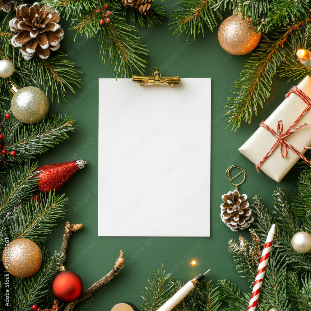 A festive arrangement featuring blank clipboard surrounded by Christmas decorations, including ornaments, pine branches, and gift. This scene evokes warm holiday spirit A festive arrangement featuring blank clipboard surrounded by Christmas decorations, including ornaments, pine branches, and gift. This scene evokes warm holiday spirit