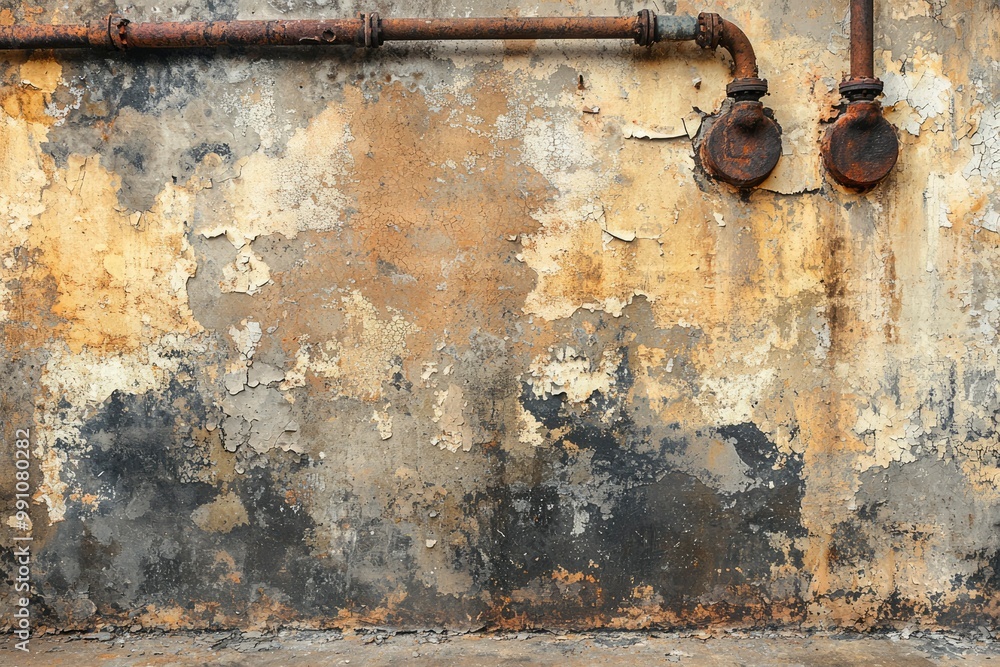 Rusted Pipes and Weathered Wall with Peeling Paint