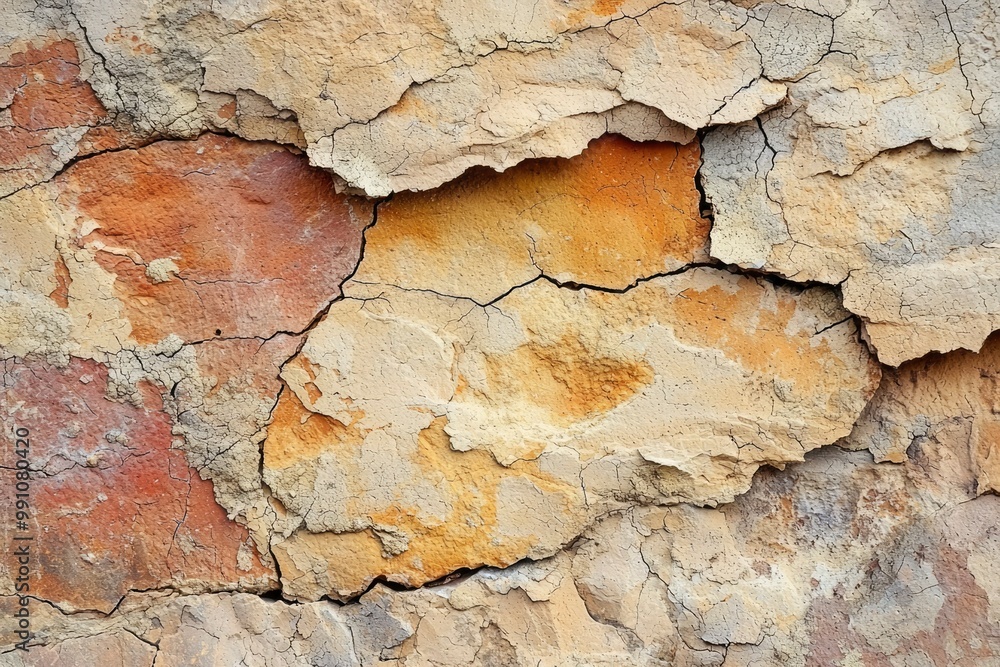 Cracked and Weathered Wall Surface with Brown, Yellow, and White Tones Cracked and Weathered Wall Surface with Brown, Yellow, and White Tones