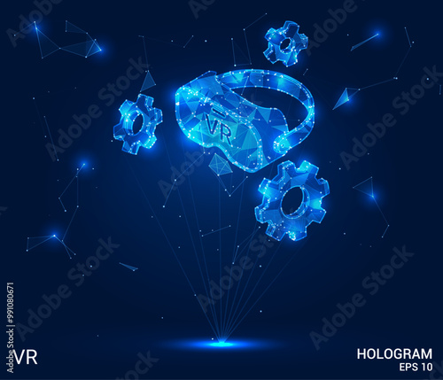 Virtual reality hologram. Composed polygons, triangles, and lines, forming a low-poly structure. A network of connections representing futuristic virtual reality technology in a sleek, vector concept