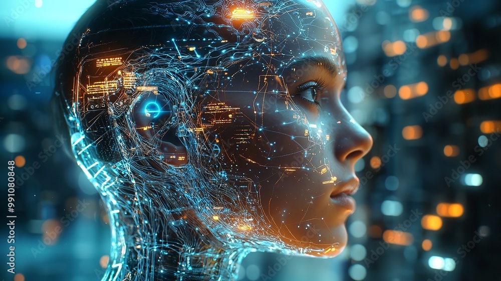 Close up of a futuristic helmet with glowing orange eye, reflecting advanced interface graphics amidst a starry backdrop, artificial intelligence AI Close up of a futuristic helmet with glowing orange eye, reflecting advanced interface graphics amidst a starry backdrop, artificial intelligence AI