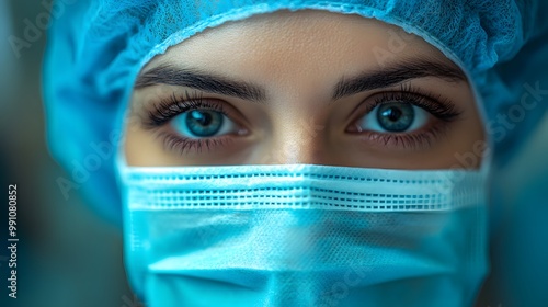 American doctor in surgical mask and blue scrubs, captured in a close-up portrait with focused gaze in a hospital operating room, reflecting confidence and professionalism.