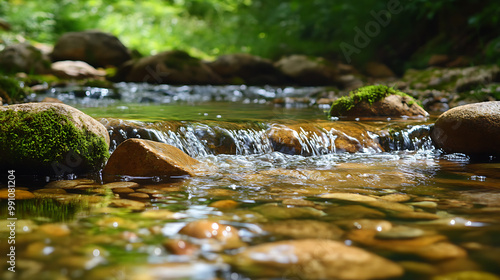 background with a forest brook, featuring clear, babbling water, moss-covered stones, and a calm, natural setting