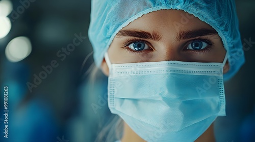 American doctor in surgical mask and blue scrubs, captured in a close-up portrait with focused gaze in a hospital operating room, reflecting confidence and professionalism.