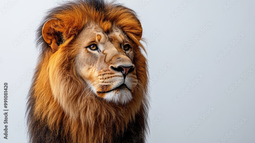 An old lion is isolated against a white background, emphasizing its wild nature. An old lion is isolated against a white background, emphasizing its wild nature.