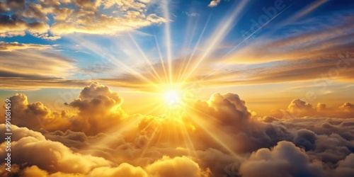 Flying through a picturesque sunny cloudscape with soft golden clouds and glowing sunshine rays, sunny, cloudscape