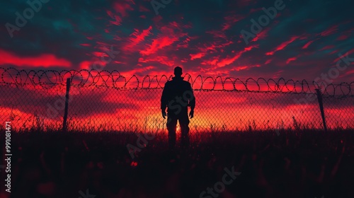 A man stands in front of a fence in a field with a red sky photo