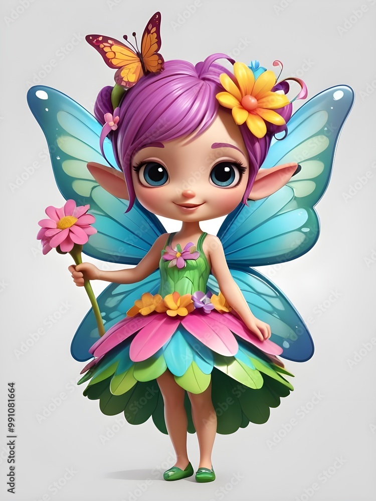A 3D brightly colored cartoon character design of a tiny fairy with butterfly wings A 3D brightly colored cartoon character design of a tiny fairy with butterfly wings
