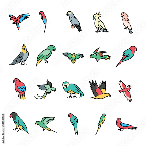 Parrots color icons set.