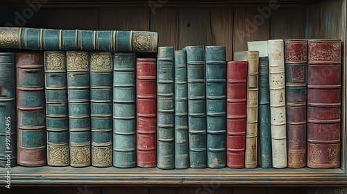 Ancient books and manuscripts fill a library shelf, depicted in a vintage style.