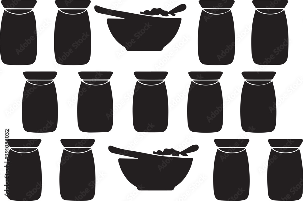 Obraz premium Black and White Silhouette Illustration of Jars and Bowls: Minimalist Kitchenware Clipart for Food Bloggers and Graphic Design Projects