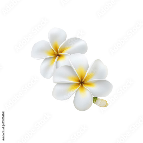 Two White Plumeria Flowers with Yellow Centers Isolated on White Background