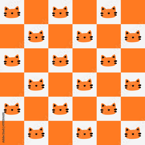 Seamless pattern Cat on checkered background