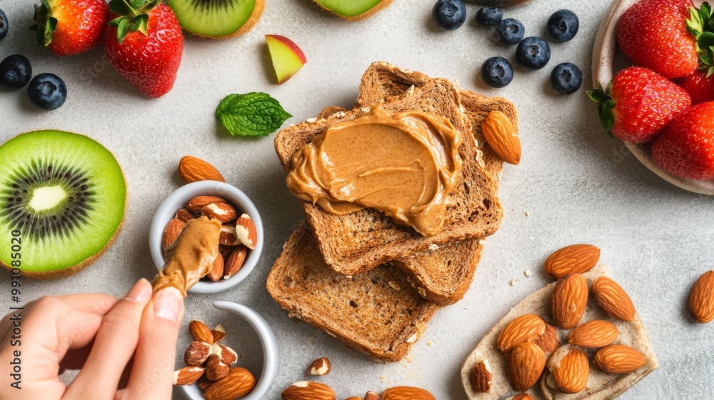 An overhead view of almond butter being spread on whole grain toast, surrounded by fresh fruits, showcasing a healthy breakfast option. An overhead view of almond butter being spread on whole grain toast, surrounded by fresh fruits, showcasing a healthy breakfast option.